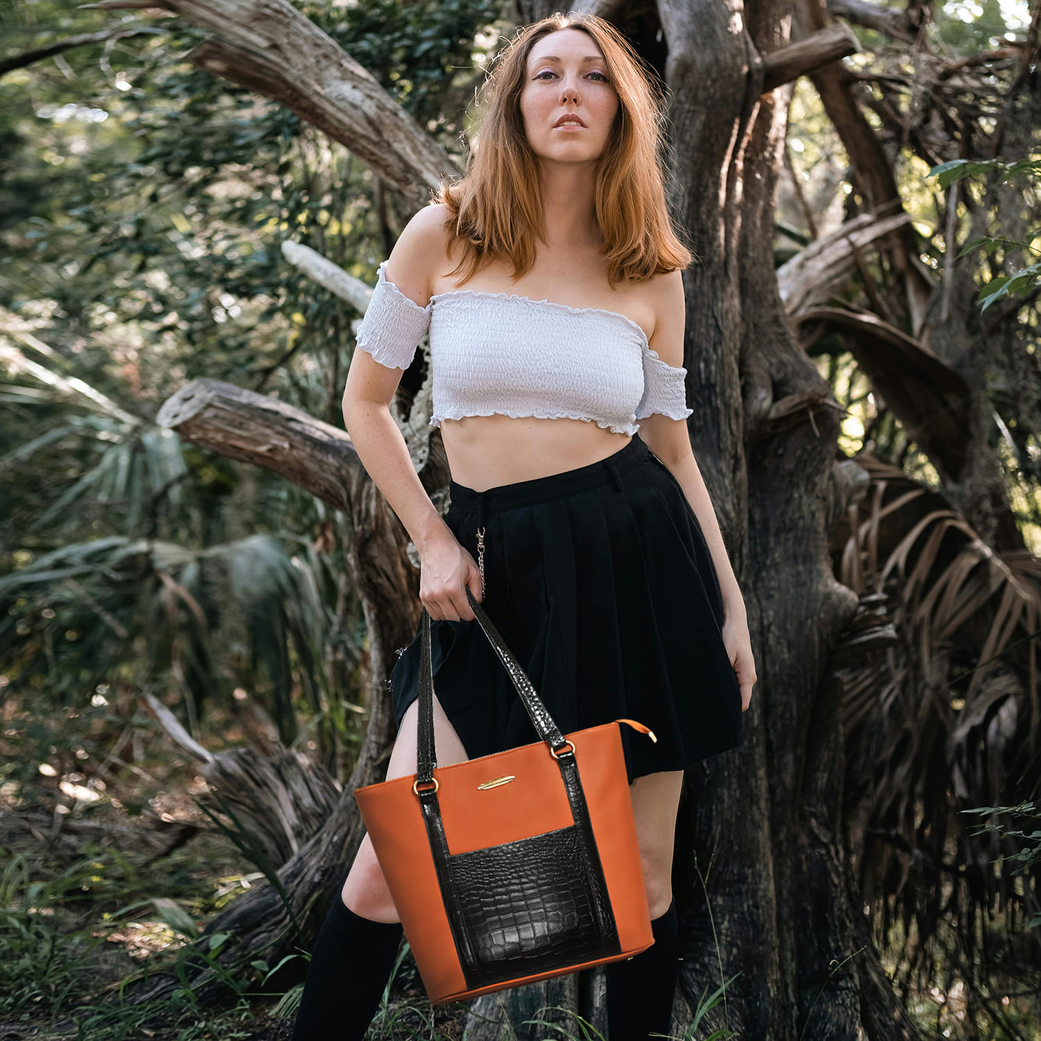 Croco Pocket Tan Handbag